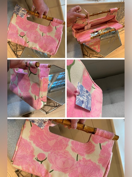 Lilibridge Handbags - NWT Lilibridge Pink Peonies Resort Floral Canvas Clutch Tote bag bamboo handles